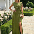 French Elegant Ruched Evening Gown - Sleeveless Slit Bridesmaid Long Dress