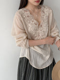 Summer Korean Slimming Ramie Embroidered Long Sleeve Patchwork Loose Shirt