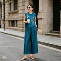 Women's New Chinese Old Money Jacquard Mesh Sleeveless Heavy Elastic Wide Leg Pants + - Blue