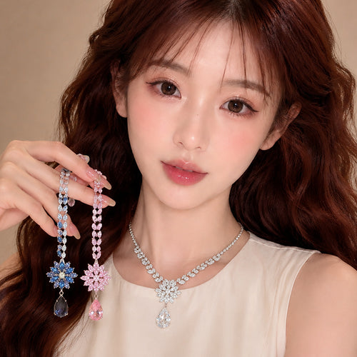 Azure Wave Flower Tear Full Diamond Flower Teardrop Jewelry Set Imperial Breeze Banquet Luxury Necklace Light Luxury Niche Necklace