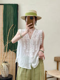 Summer Korean Youthful Ramie Sleeveless V-Neck Patchwork Lace Trim Shirt