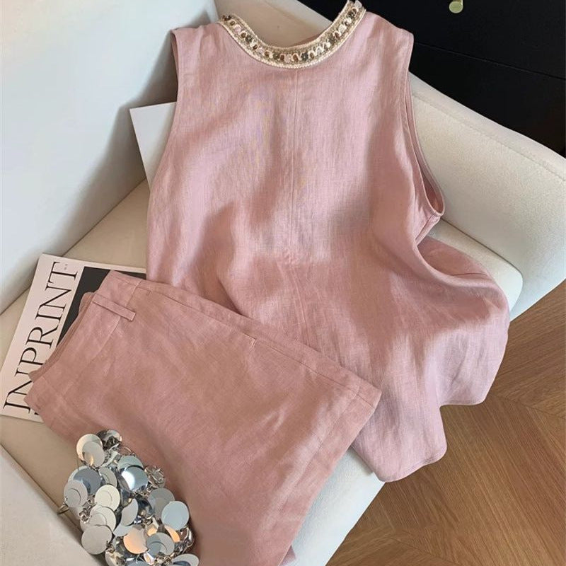 Women's Summer Ethnic Slimming Linen Beaded Tank Top + Shorts 2-Piece Set 2026 - Pink Set