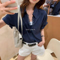 Office Korean Lace Short Sleeve V-Neck Patchwork Loose Shirt