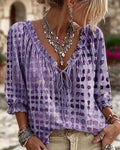 Summer Bohemian 3/4 Sleeve V-Neck Tie-Front Drawstring Shirt