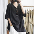 Summer Korean Casual Plus Size Linen Cotton V-Neck Loose Shirt