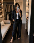 Vacation Linen Cotton Slit Loose Wide Leg Pants + Top 2-Piece Set