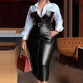 Office PU Belt Color-Block Shirt Dress, Long Sleeve