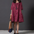 Korean Style Plus Size Cotton Linen Embroidered Short Sleeve Dress