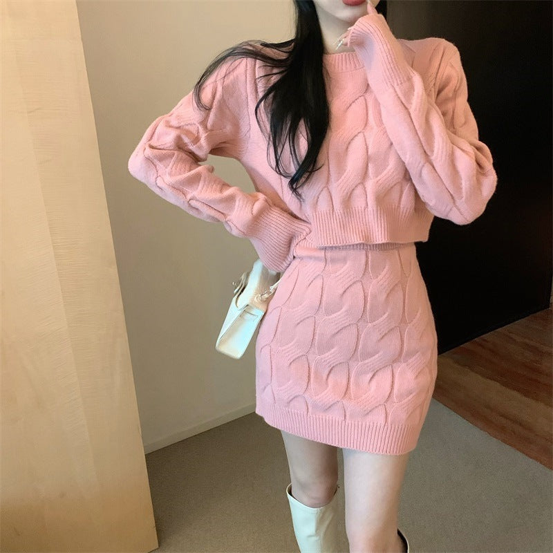 Relaxed Knit Wool Long Sleeve High Waist Fitted Sweater + Short Skirt + Skirt 2-Piece Set