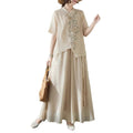 Summer New Chinese Plus Size Linen Cotton Embroidered Short Sleeve Drapey Wide Leg Pants + Shirt + Skirt Set