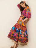 Women's Bohemian Vacation Lantern Sleeve V-Neck Waist-Tie Patchwork Dress + Long Skir - Red