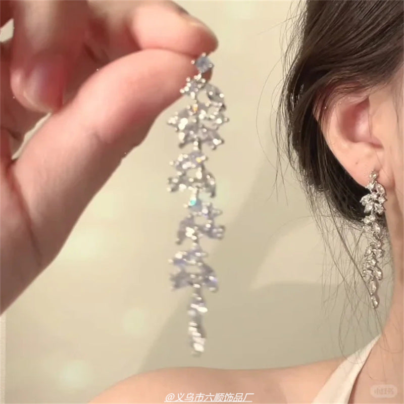 Sparkling Zircon Flower Tassel Earrings - view 10