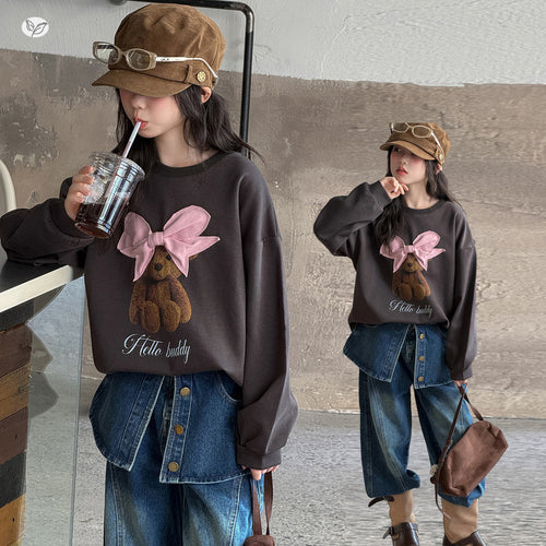 Girls' Bow Bear Print Pullover Hoodie