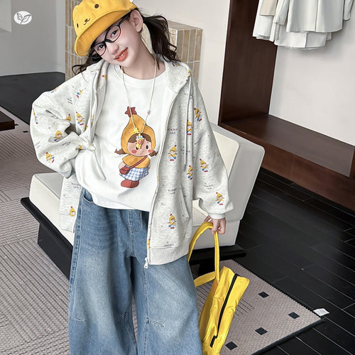 Girls' Cartoon Print Hooded Zip Cardigan - Cute