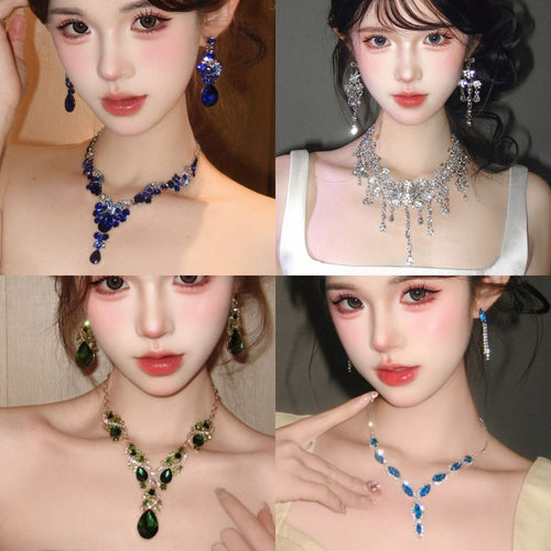 Korean Style ins Rhinestone Fan Shape Teardrop Stud Earring Necklace Set Niche Design Detail Clavicle Chain Personality Elegant Trendy Necklace
