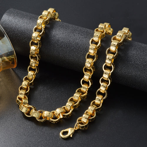Gold Plated Byzantine King Chain Men Bracelet Necklace Set Relief Return Pattern Cylinder Band Clasp Chunky Chain Overseas