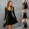 Women's V-Neck Velvet Wrap Puff Sleeve Dress