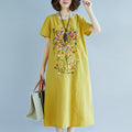 Women's Summer Ethnic Artistic Linen Cotton Embroidered Short Sleeve Loose Dress + Lo - Yellow