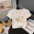 Cotton Crop Top - White Round Neck Slim Fit Short Sleeve Cropped Shirt Women