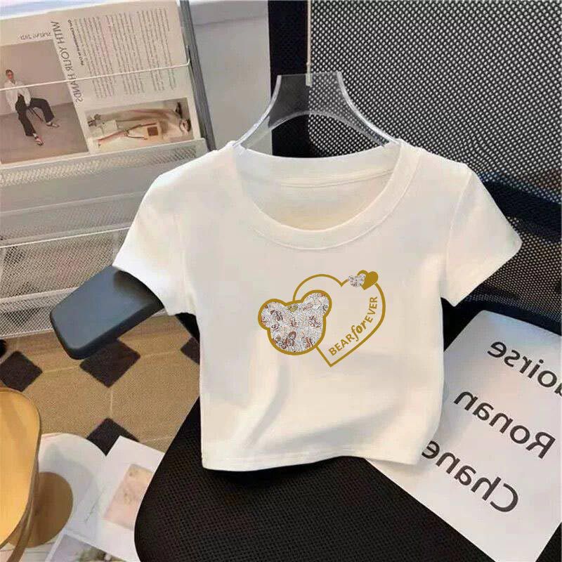 Cotton Crop Top - White Round Neck Slim Fit Short Sleeve Cropped Shirt Women