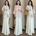 Early Spring New Chinese Fashion Frog Button Printed Loose Wide Leg Pants + Top 2-Piece Set
