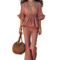 Summer Casual Fashion Short Sleeve V-Neck Tie-Front Ruffle Shirt Set