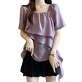 Summer French Designer Short Sleeve Boat Neck Square Neck Ruffle Shirt