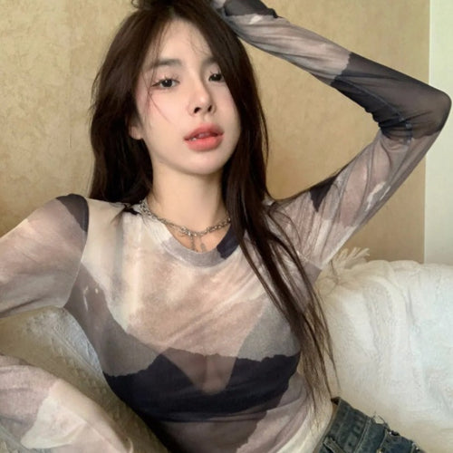 Women's Retro Tie Dye Sheer Slim T-Shirt