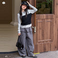 Girls' Faux Layered Long Sleeve Top & Wide-Leg Pants Set