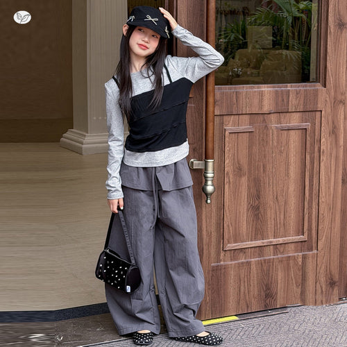 Girls' Faux Layered Long Sleeve Top & Wide-Leg Pants Set