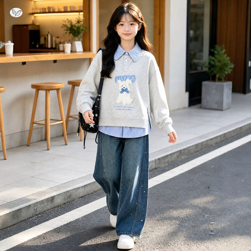 Girls' Plush Puppy Embroidered Polo Hoodie Jeans Set