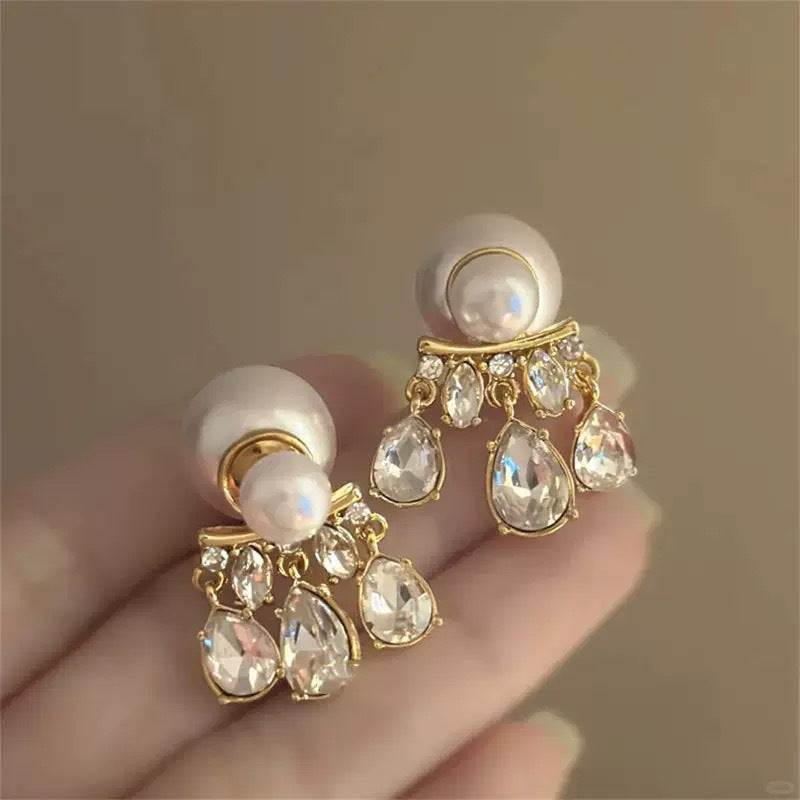 Flower Teardrop Pearl Tassel Stud Earrings - view 11