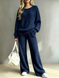Fall-Winter Casual Fashion Knit Long Sleeve Wide Leg Pants + Top 2-Piece Set