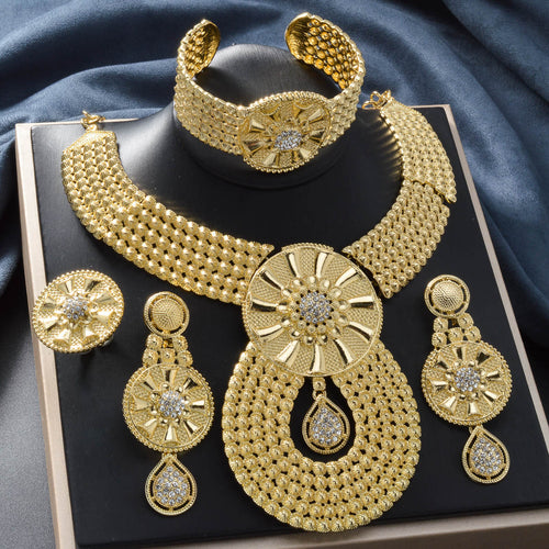 Middle East Statement India Jewelry Round Necklace Bracelet Set Earrings Ring Set Bride Women Wedding Bead Gem Accessory