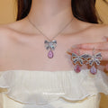 French Super Sparkle Sweet Cubic Zirconia Bow Cutout Earrings Necklace Set Fashionable Exquisite Necklace Design Detail Niche