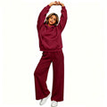 Fall-Winter Sporty Fleece Loose Drop Shoulder Wide Leg Pants + Hoodie 2-Piece Set