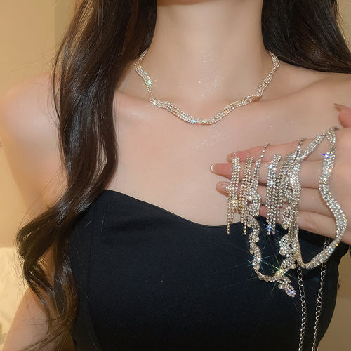Silver Wave Shadow Full Diamond Super Sparkle Twisted Jewelry Set Banquet Party Style With Necklace Light Luxury Niche Necklace Women