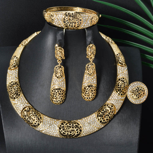 Middle East Overseas Round Cutout Rhinestone Jewelry Retro Statement Necklace Bangle Earrings Ring Set Bestseller Women