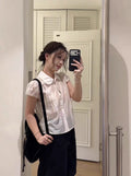 Summer Korean Tencel Puff Sleeve Peter Pan Collar Shirt