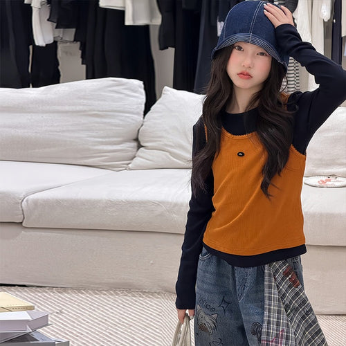 Girls' Cartoon Print Vest Base Layer Jeans Three-Piece Set