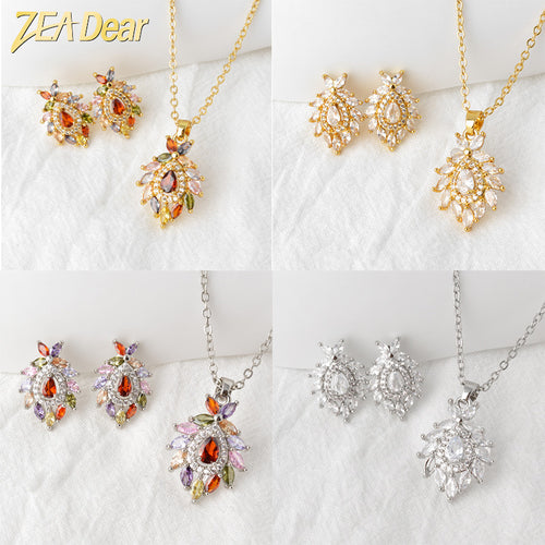 Western Exquisite Fashionable Light Luxury Colorful Cubic Zirconia Copper Gold Plated Necklace Stud Jewelry Set Niche Women Exquisite Elegant