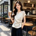 Summer Fashion Slimming Short Sleeve Waist-Tie Patchwork Hollow-Out Shirt