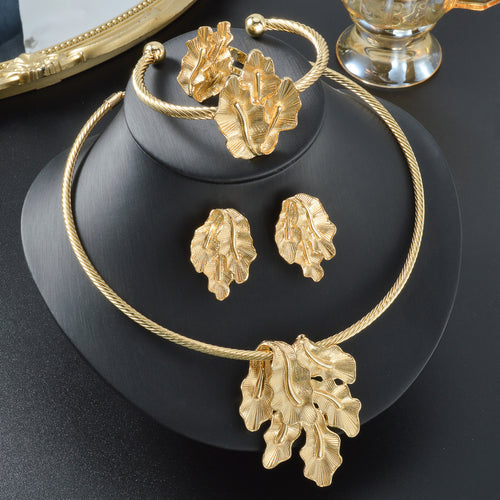 Western Imperial Retro Gilded Leaves Jewelry Bead Collar Bangle Earrings Ring 4-Piece Set Banquet Gown Accessory