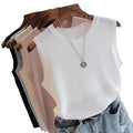 Round Neck Knit Tank Top - Wide Strap Ice Silk Sleeveless Vest Women