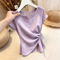 Summer Fashion Slimming Short Sleeve Waist-Tie Patchwork Hollow-Out Shirt