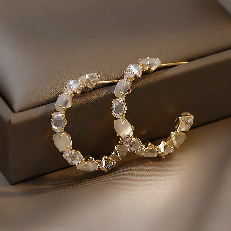 Gold-Plated Rhinestone Cat-Eye Stone Hoop Earrings - view 6
