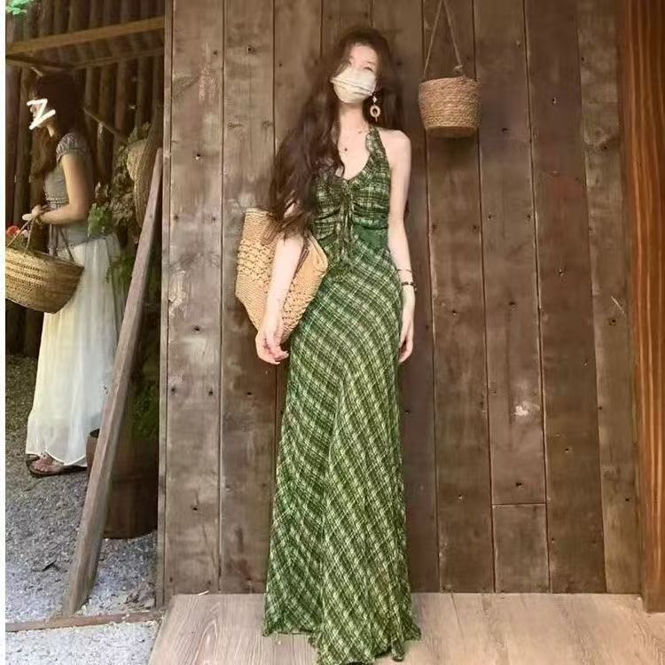 Green Plaid Camisole Backless Fitted Long Dress, 2026