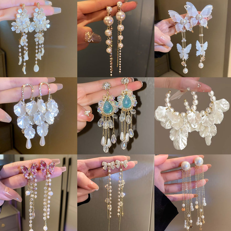 Pearl Flower Rhinestone Tassel Earrings - view 2