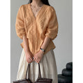 Summer Korean French Ramie Lace V-Neck Shirt