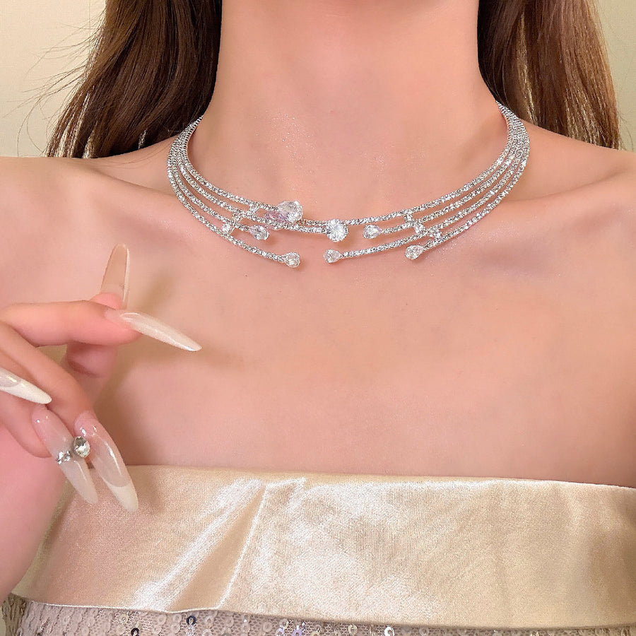 Sparkling Zircon Teardrop Jewelry Set – Multi-Layer Necklace and Earrings - view 2